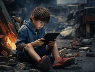 Poster Niño adicto a las pantallas y a las redes sociales mientras el mundo pasa a su alrededor © Julio