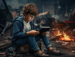 Foto op Canvas Niño adicto a las pantallas y a las redes sociales mientras el mundo pasa a su alrededor © Julio
