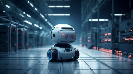 An image of a 3D security robot guarding a facility, 3d security, blurred background, with copy space