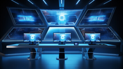 A futuristic 3D security console with multiple screens, 3d security, blurred background, with copy space