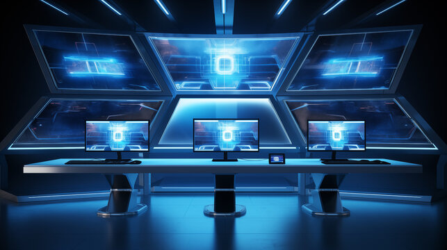 A futuristic 3D security console with multiple screens, 3d security, blurred background, with copy space - Powered by Adobe