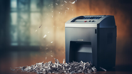 A photo of a paper shredder, symbolizing the secure disposal of sensitive information, Data Privacy, blurred background, with copy space