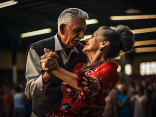 Pareja de abuelos enamorados bailando salsa - obrazy, fototapety, plakaty