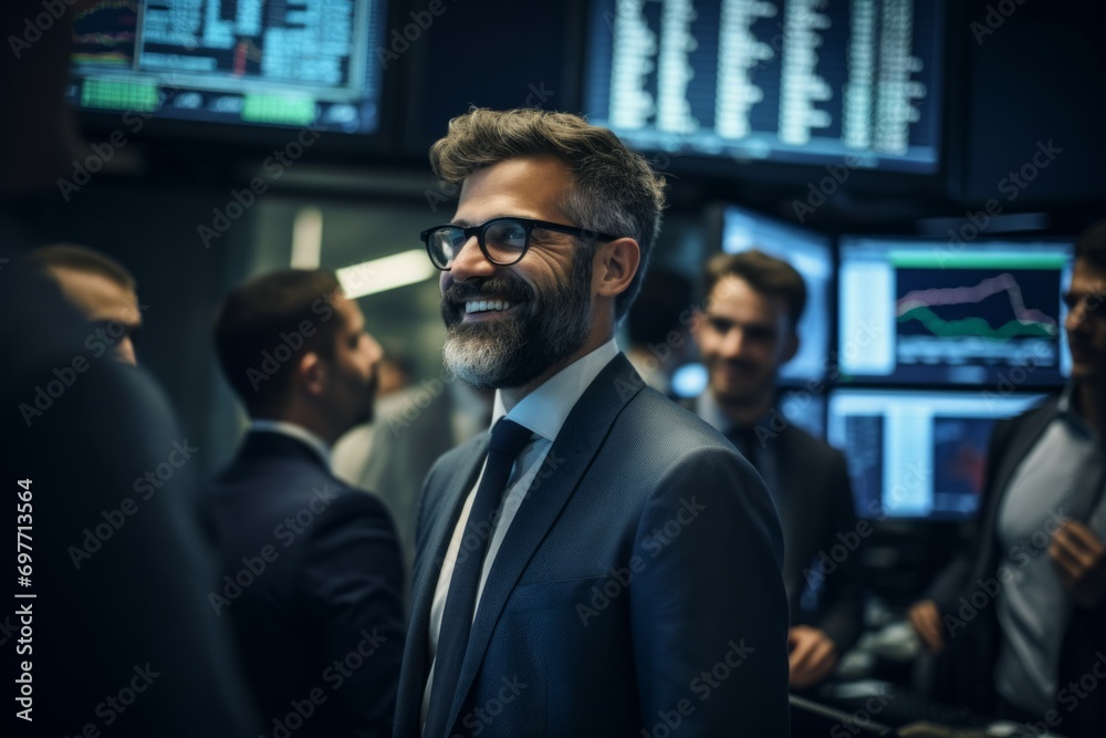 Wall mural Portrait of happy trader or broker working at stock exchange office. background of his business team. Investment Entrepreneur Trading Concept.