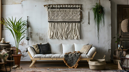 Bohemian Style Living Room with Handwoven Wall Tapestry and Green Plants