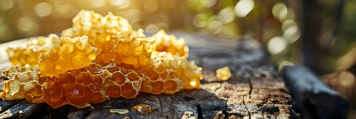 Natural Raw Honeycomb on Wooden Surface with Backlight - obrazy, fototapety, plakaty