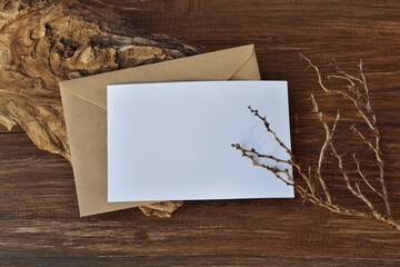A mockup of blank white card and kraft envelope on dark old wooden background with dried plant branch and textured tree bark close-up.
