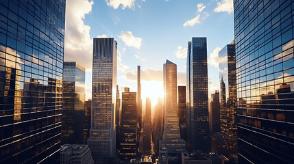 Aerial view of reflective skyscraper buildings. Business office center in the big city, high rise building covered in glass window. Generative AI