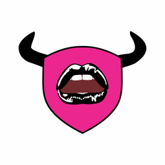 T-shirt design of sensual lips on a shield with horns. Conceptual vector illustration