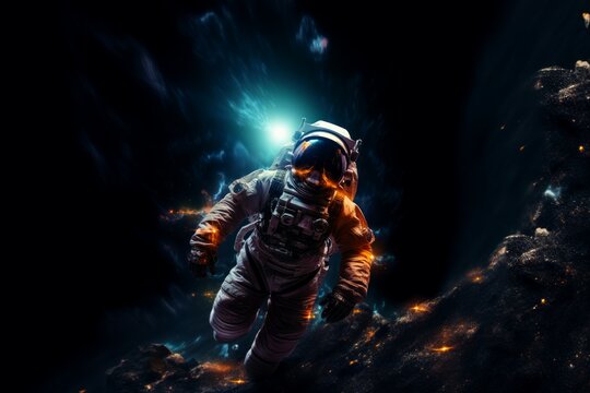 Astronaut at spacewalk. Cosmic art, science fiction wallpaper. Beauty of deep space. Billions of galaxies in the universe. Elements of this image furnished