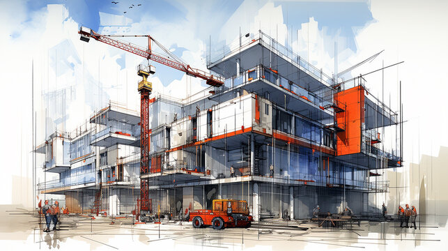 Picture of digital building construction illustration. Metal frame construction, crane, building engineers, architecture technical background. Generative AI