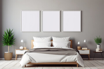 Fototapeta na wymiar Blank frame mockup near bed. Empty white poster frame on the wall of bedroom. Modern contemporary design of luxurious cozy home interior, apartment background. Generative AI