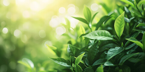 Obraz premium Fresh Green Tea Leaves in Bright Sunlight with Dew Drops