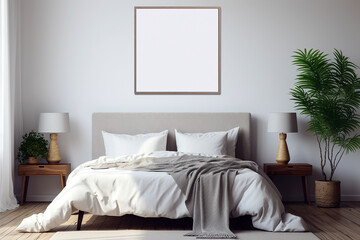 Fototapeta na wymiar Blank frame mockup near bed. Empty white poster frame on the wall of bedroom. Modern contemporary design of luxurious cozy home interior, apartment background. Generative AI