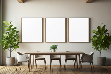 Blank frame mockup near desk. Empty white poster frame on the wall of dining room. Modern contemporary design of luxurious cozy home interior, apartment background. Generative AI