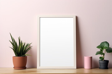 Blank frame mockup near desk. Empty white poster frame on the wall of living room. Modern contemporary design of luxurious cozy home interior, apartment background. Generative AI