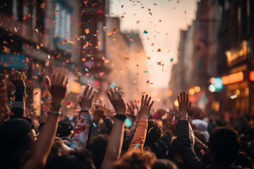 Colorful Confetti Falling on the Carnival Parade Hands Reach for Carnival Magic in a Colorful...
