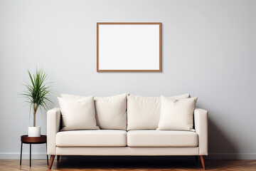Blank frame mockup near sofa. Empty white poster frame on the living room. Modern contemporary design of luxurious cozy home interior, apartment background. Generative AI