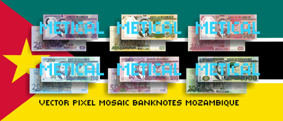 Vector pixel mosaic set of Mozambique banknotes. Collection of notes in denominations of 20, 50, 100, 200, 500 and 1000 metical. Obverse and reverse. Play money or flyers.
