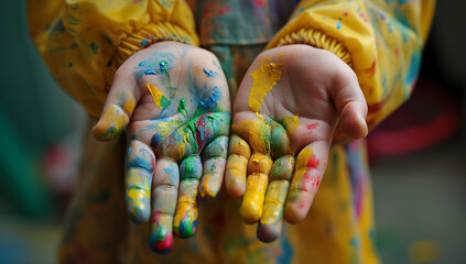 Child's Hands Covered in Multicolored Paint