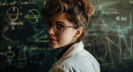 Female Researcher in Lab Coat in Front of Mathematical Formulas