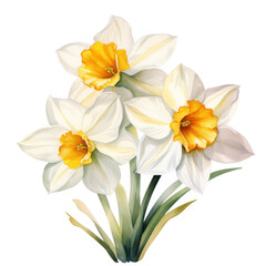   white and yellow Narcissus ,illustration watercolor celebrated in art and literature, different cultures, ranging from death to good fortune, and as symbols of spring.