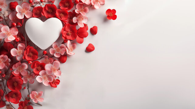 Valentines day background with white and red hearts and flowers on white background