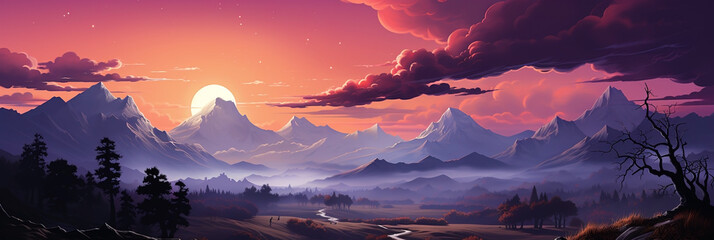 wide panoramic landscape Illustration scenery drawing with evening sun dusk with colorful warm effect and clouds awith bright sky through mountain range landscape   - obrazy, fototapety, plakaty