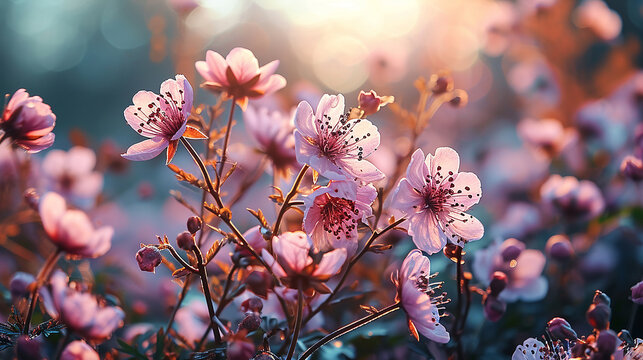 sfondo di fiori rosa primaverili visto dall'altro, simmetrico, con raggi di luce del sole, ciliegio