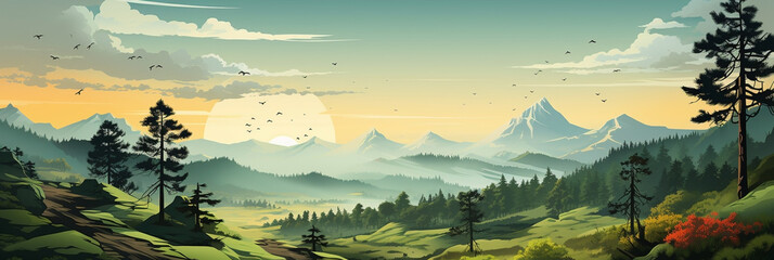 wide panoramic landscape Illustration scenery drawing with morning sunrise with colorful cool bluish effect and clouds awith bright sky through foggy greeny mountain range - obrazy, fototapety, plakaty