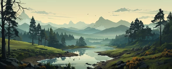 Keuken foto achterwand wide panoramic landscape Illustration scenery drawing, morning sunrise with colorful cool bluish effect and clouds with bright sky through foggy, greeny mountain range coved with forest © Sudarshana