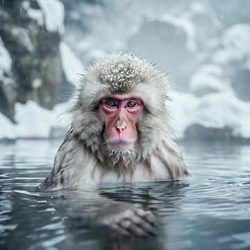 Snow Monkey in Snow-Covered Hot Spring