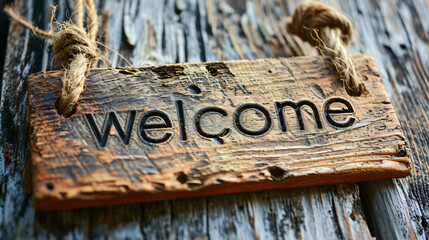 Rustic Welcome Sign Hanging on Weathered Wooden Background by Generative AI Craftsmanship