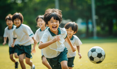 Playground Soccer Excitement, Asian Kids Engaged in a Friendly Match at School. - obrazy, fototapety, plakaty