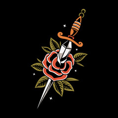 dagger and rose Vector old school tattoo vintage tattoo style illustration