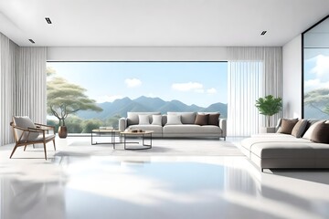Minimal style Modern white living room with blank white wall for copy space 3d render,The Rooms white floors ,decorated with brown furniture,There are large open sliding door Overlooking nature view.
 - obrazy, fototapety, plakaty