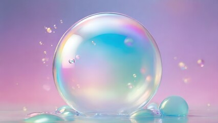 An enchanting iridescent bubbles floats gracefully against a pastel background with a gentle gradient.
