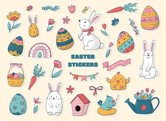 Set of easter stickers, doodles, clip art, cartoon decorative elements for prints, cards, magnets, sublimation, planners, signs, posters, etc. EPS 10