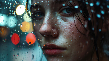 Extreme macro close up of a beautiful girl. Robotics woman. An extreme close-up of a cyborg's eye, with water droplets on the skin, showing detailed human features and mechanical elements