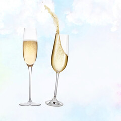 Two champagne glasses with party background
