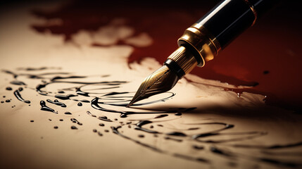 a fountain pen with gold and black details, writing on a paper. The ink appears to be freshly applied and is slightly smeared, creating an artistic effect.