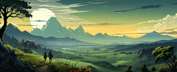 wide panoramic landscape Illustration scenery drawing with morning sunrise with colorful cool bluish effect and clouds awith bright sky through foggy, greeny mountain range 