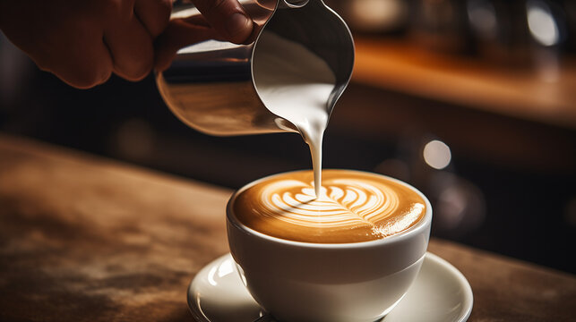a barista pouring steamed milk into a cup of coffee, creating a latte art pattern on the surface. The setting is a dimly lit caf&eacute; with focused lighting.