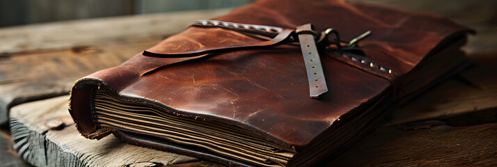 Vintage Leather-Bound Journal on Rustic Wooden Table - obrazy, fototapety, plakaty