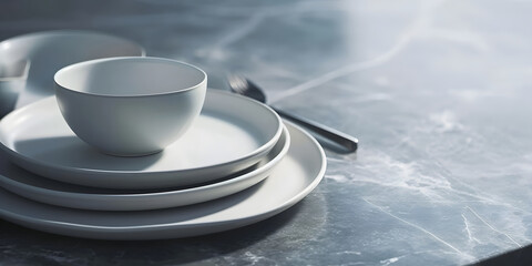 Elegant White Porcelain Dinnerware and Cutlery Set on Marble Texture Background - obrazy, fototapety, plakaty