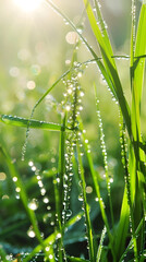 Morning Dew on Fresh Green Grass with Sunlight and Bokeh Effect