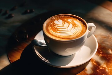 Close-up photo of a coffee latte art in sunlight, pouring latte into a cup filled with coffee