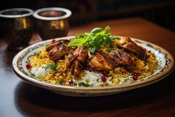 Spicy biryani rice dish with chicken and meat pieces, typical Indian dish