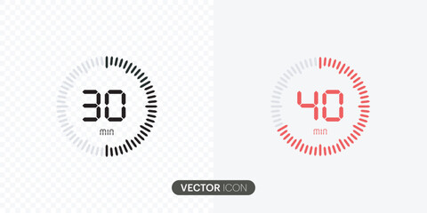 Set of timer.30 minutes, stopwatch vector icon.Timers collection,40 minutes Countdown timer symbol icon in flat style, vector illustration. - obrazy, fototapety, plakaty