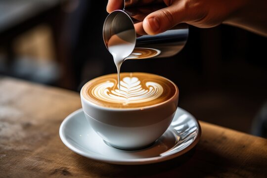 Close-up photo of a coffee shop barista making latte art, pouring latte into a cup filled with coffee
